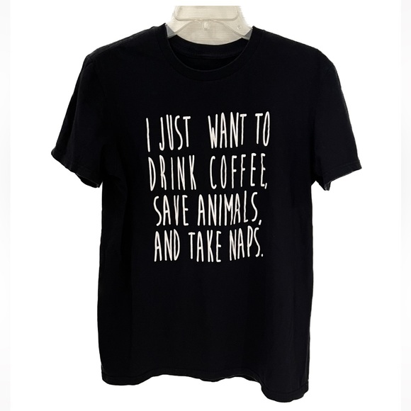 DRINK COFFEE SAVE ANIMALS TAKE NAPS black tee T-shirt sz Medium Unisex - Picture 2 of 3